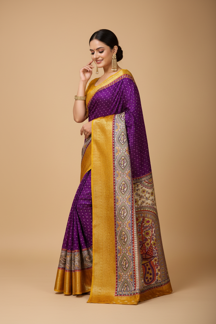 Snuggle Spot Women's Soft Dola Cotton Kalamkari Printed Saree With Unstitched Blouse 5.5Mtr (Purple)