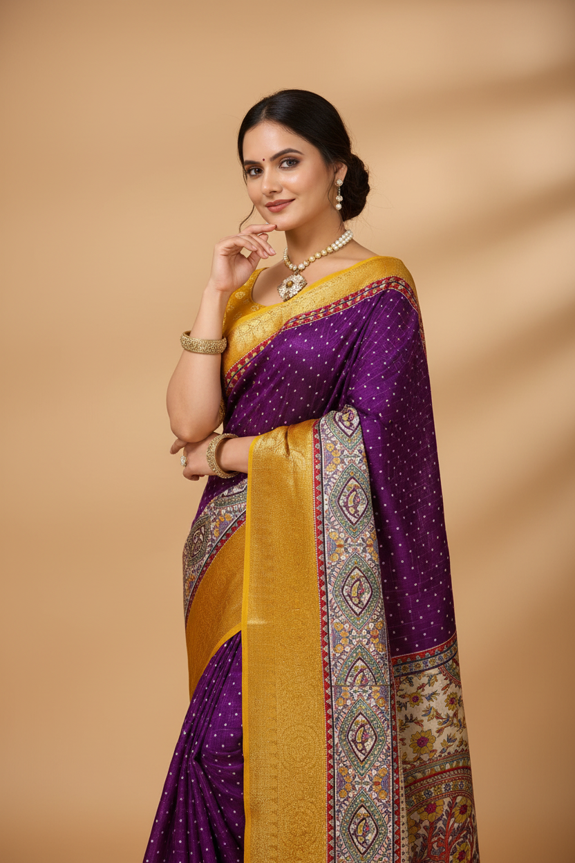 Snuggle Spot Women's Soft Dola Cotton Kalamkari Printed Saree With Unstitched Blouse 5.5Mtr (Purple)