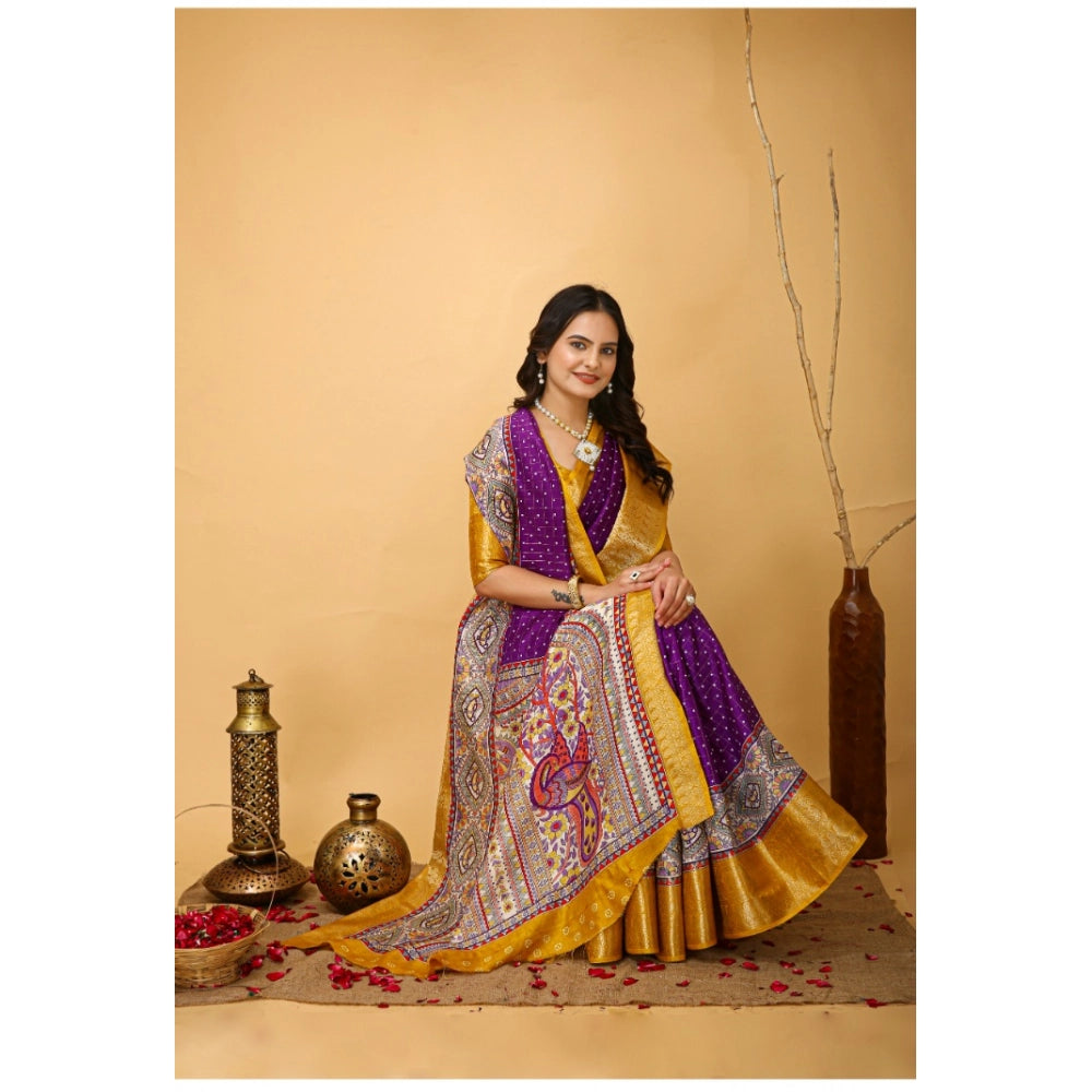 Snuggle Spot Women's Soft Dola Cotton Kalamkari Printed Saree With Unstitched Blouse 5.5Mtr (Purple)