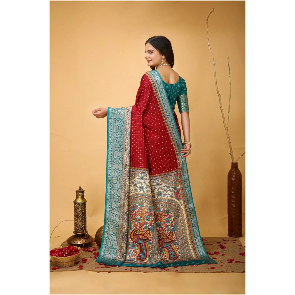 Snuggle Spot Women's Soft Dola Cotton Kalamkari Printed Saree With Unstitched Blouse 5.5Mtr (Red)