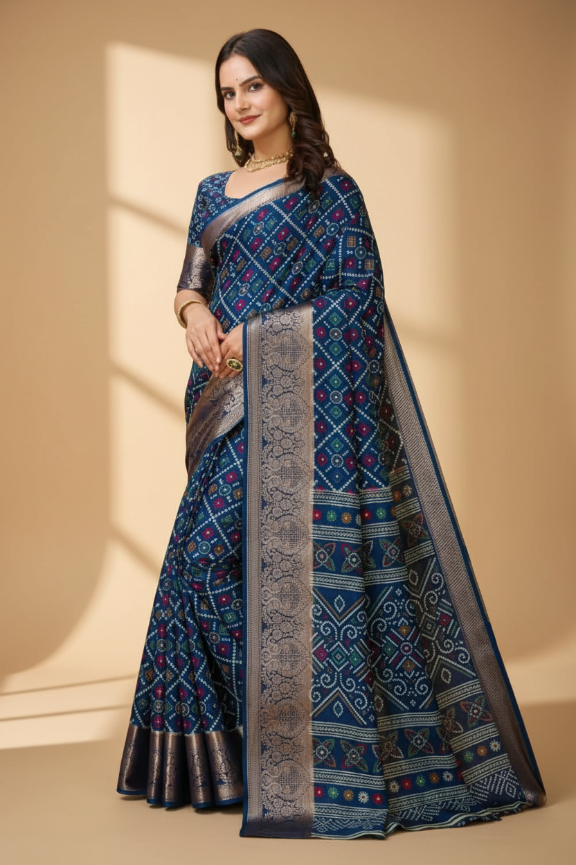 Snuggle Spot Women's Soft Dola Cotton Kalamkari Printed Saree With Unstitched Blouse 5.5Mtr (Blue)