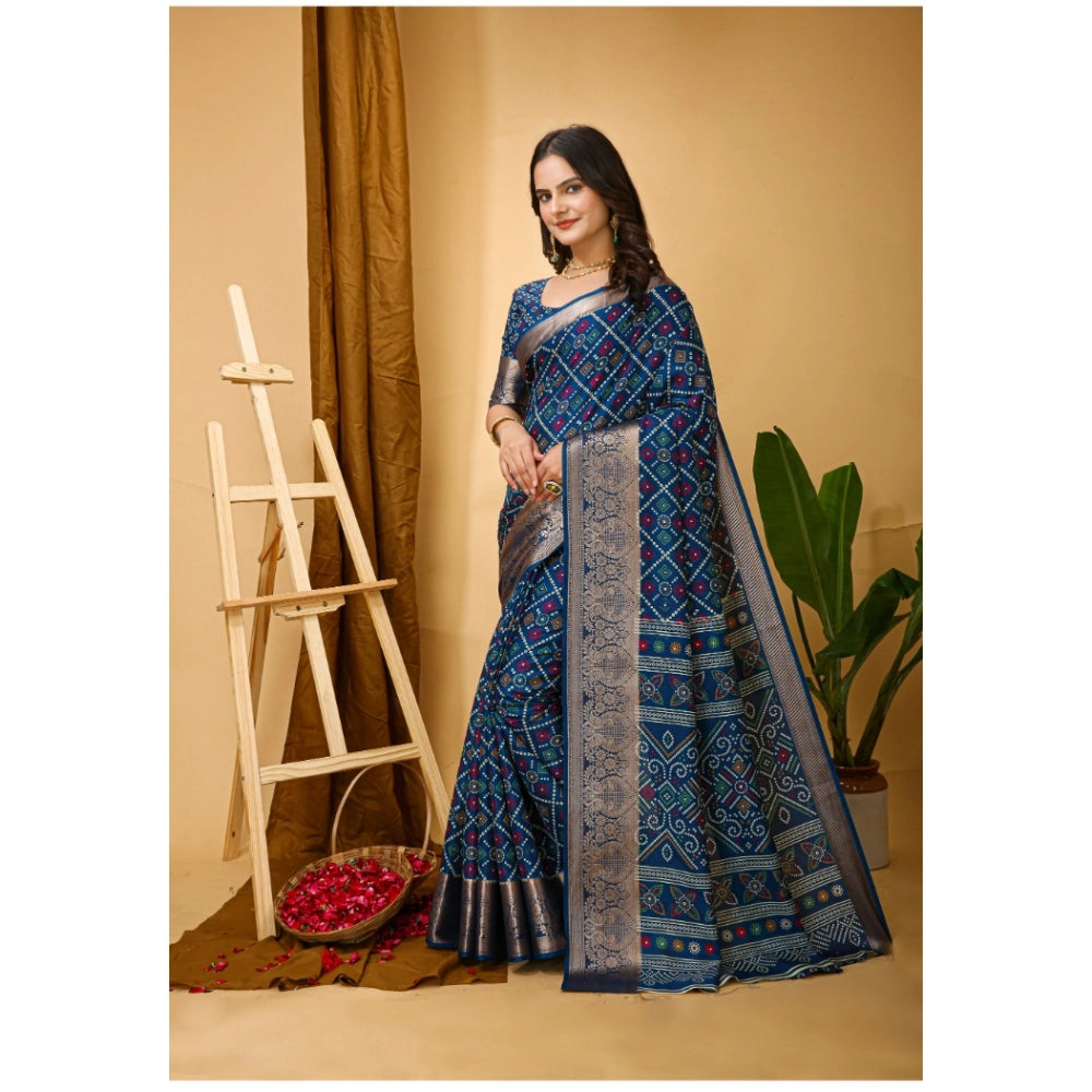 Snuggle Spot Women's Soft Dola Cotton Kalamkari Printed Saree With Unstitched Blouse 5.5Mtr (Blue)