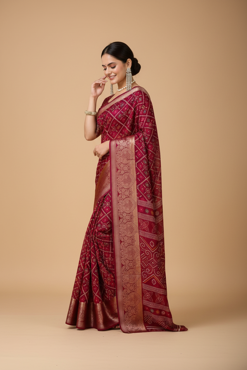 Snuggle Spot Women's Soft Dola Cotton Kalamkari Printed Saree With Unstitched Blouse 5.5Mtr (Red)