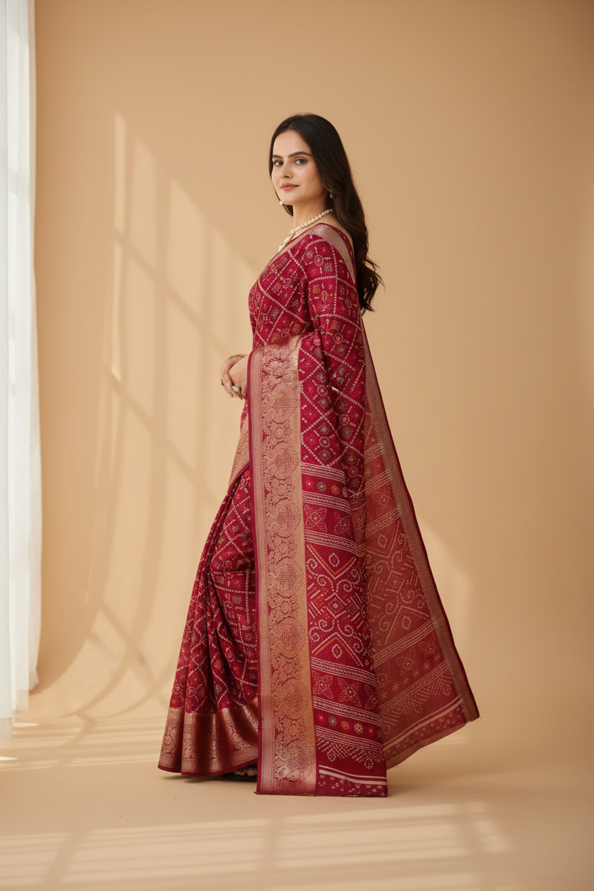 Snuggle Spot Women's Soft Dola Cotton Kalamkari Printed Saree With Unstitched Blouse 5.5Mtr (Red)