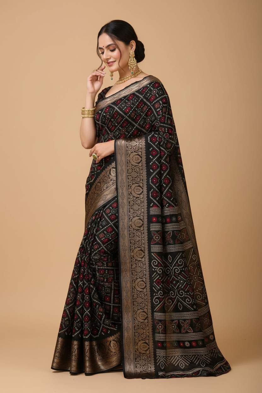 Snuggle Spot Women's Soft Dola Cotton Kalamkari Printed Saree With Unstitched Blouse 5.5Mtr (Black)