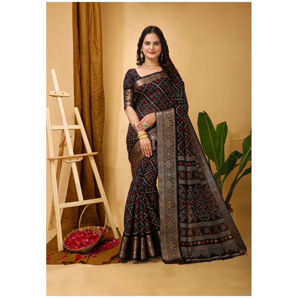 Snuggle Spot Women's Soft Dola Cotton Kalamkari Printed Saree With Unstitched Blouse 5.5Mtr (Black)