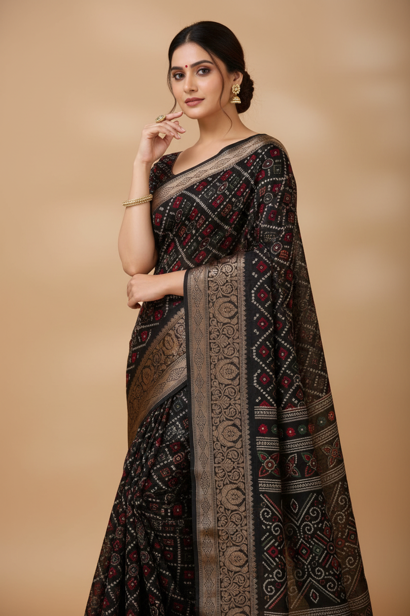 Snuggle Spot Women's Soft Dola Cotton Kalamkari Printed Saree With Unstitched Blouse 5.5Mtr (Black)