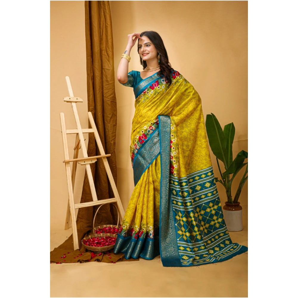 Snuggle Spot Women's Soft Dola Cotton Kalamkari Printed Saree With Unstitched Blouse 5.5Mtr (Yellow)