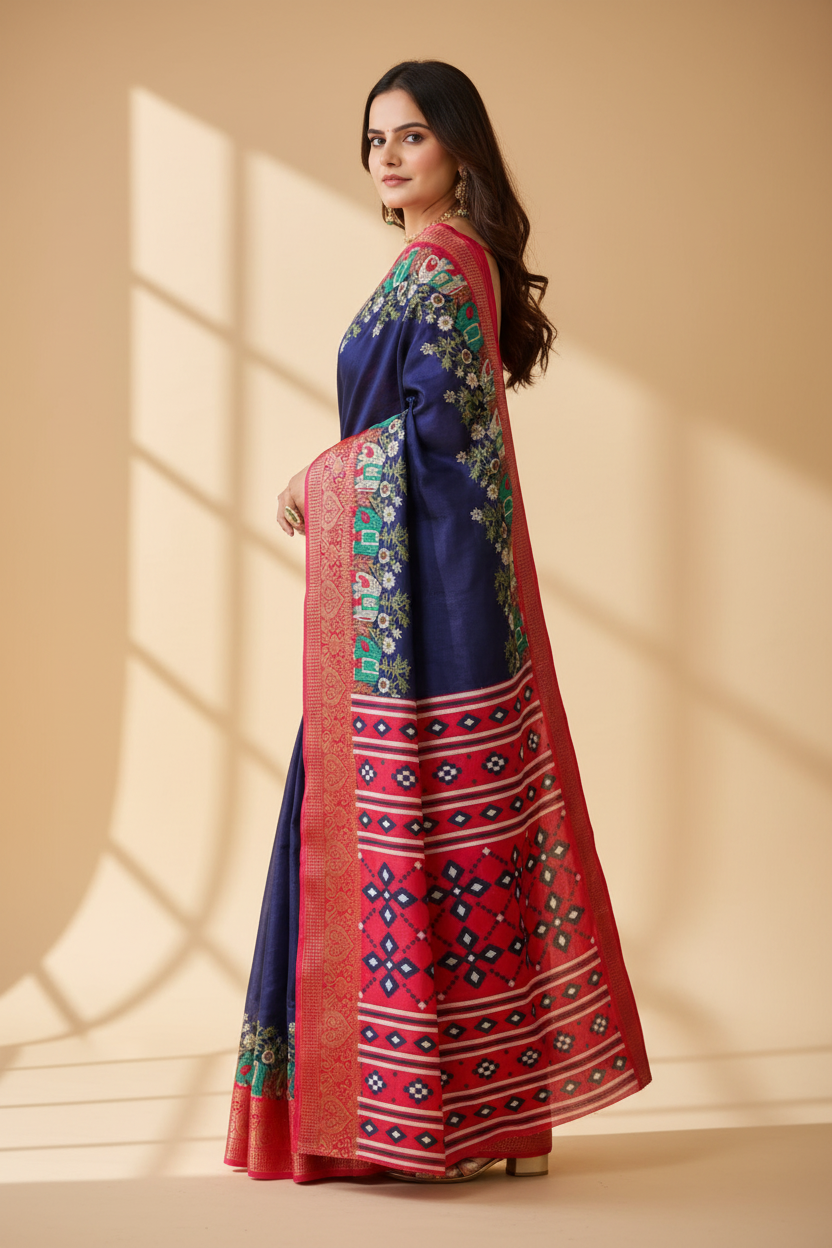 Snuggle Spot Women's Soft Dola Cotton Kalamkari Printed Saree With Unstitched Blouse 5.5Mtr (Navy Blue)