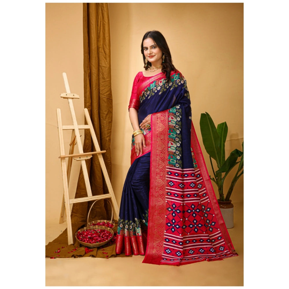 Snuggle Spot Women's Soft Dola Cotton Kalamkari Printed Saree With Unstitched Blouse 5.5Mtr (Navy Blue)
