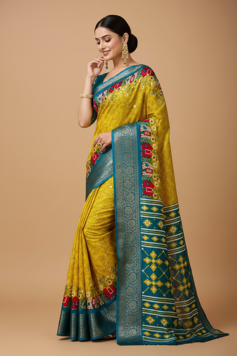 Snuggle Spot Women's Soft Dola Cotton Kalamkari Printed Saree With Unstitched Blouse 5.5Mtr (Yellow)