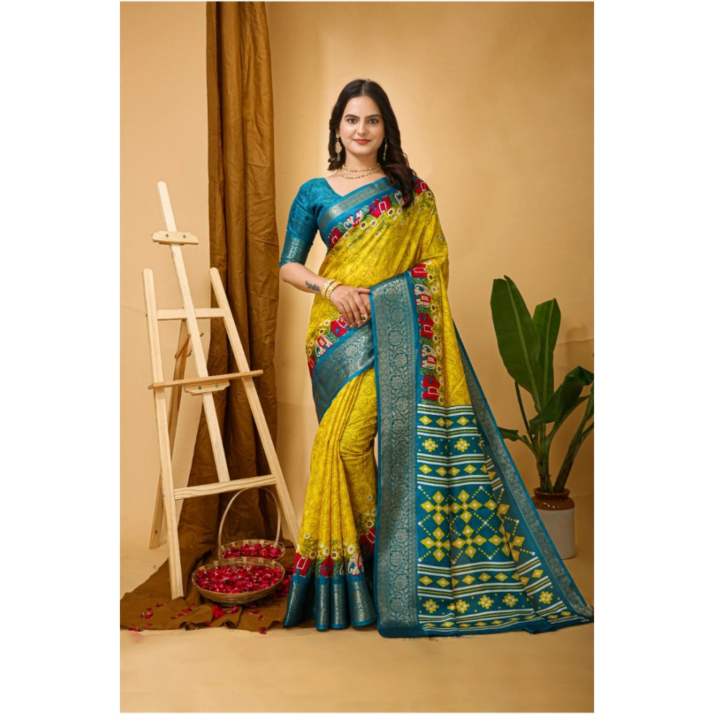 Snuggle Spot Women's Soft Dola Cotton Kalamkari Printed Saree With Unstitched Blouse 5.5Mtr (Yellow)