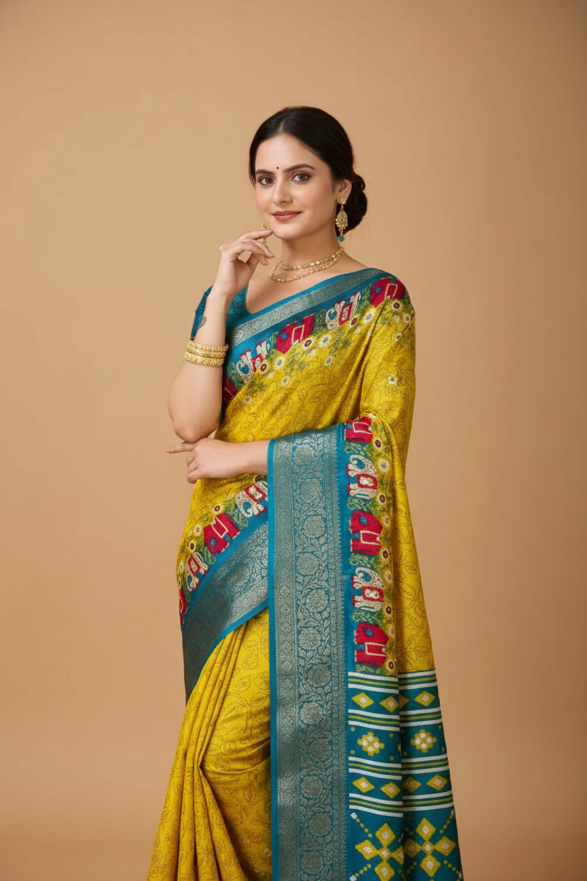 Snuggle Spot Women's Soft Dola Cotton Kalamkari Printed Saree With Unstitched Blouse 5.5Mtr (Yellow)