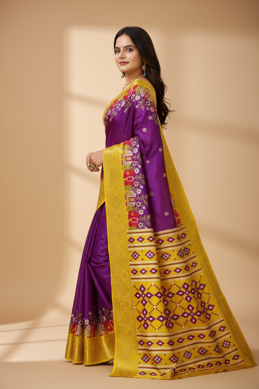 Snuggle Spot Women's Soft Dola Cotton Kalamkari Printed Saree With Unstitched Blouse 5.5Mtr (Purple)