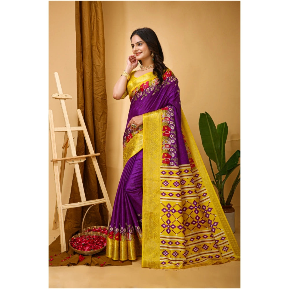 Snuggle Spot Women's Soft Dola Cotton Kalamkari Printed Saree With Unstitched Blouse 5.5Mtr (Purple)