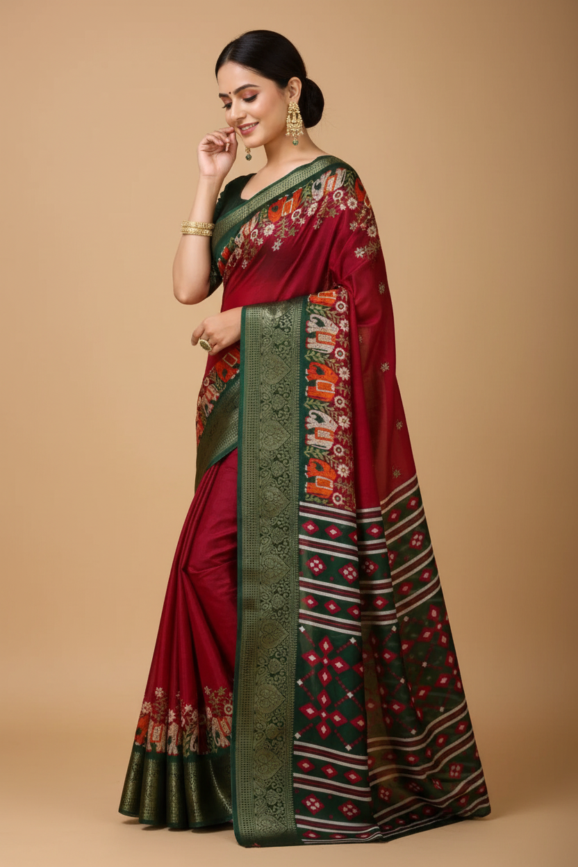 Snuggle Spot Women's Soft Dola Cotton Kalamkari Printed Saree With Unstitched Blouse 5.5Mtr (Red)