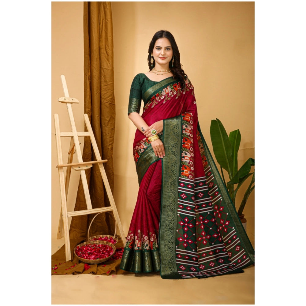 Snuggle Spot Women's Soft Dola Cotton Kalamkari Printed Saree With Unstitched Blouse 5.5Mtr (Red)
