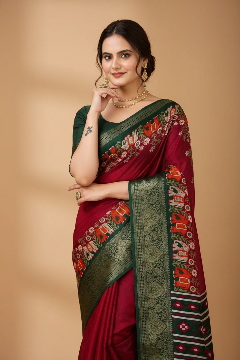 Snuggle Spot Women's Soft Dola Cotton Kalamkari Printed Saree With Unstitched Blouse 5.5Mtr (Red)