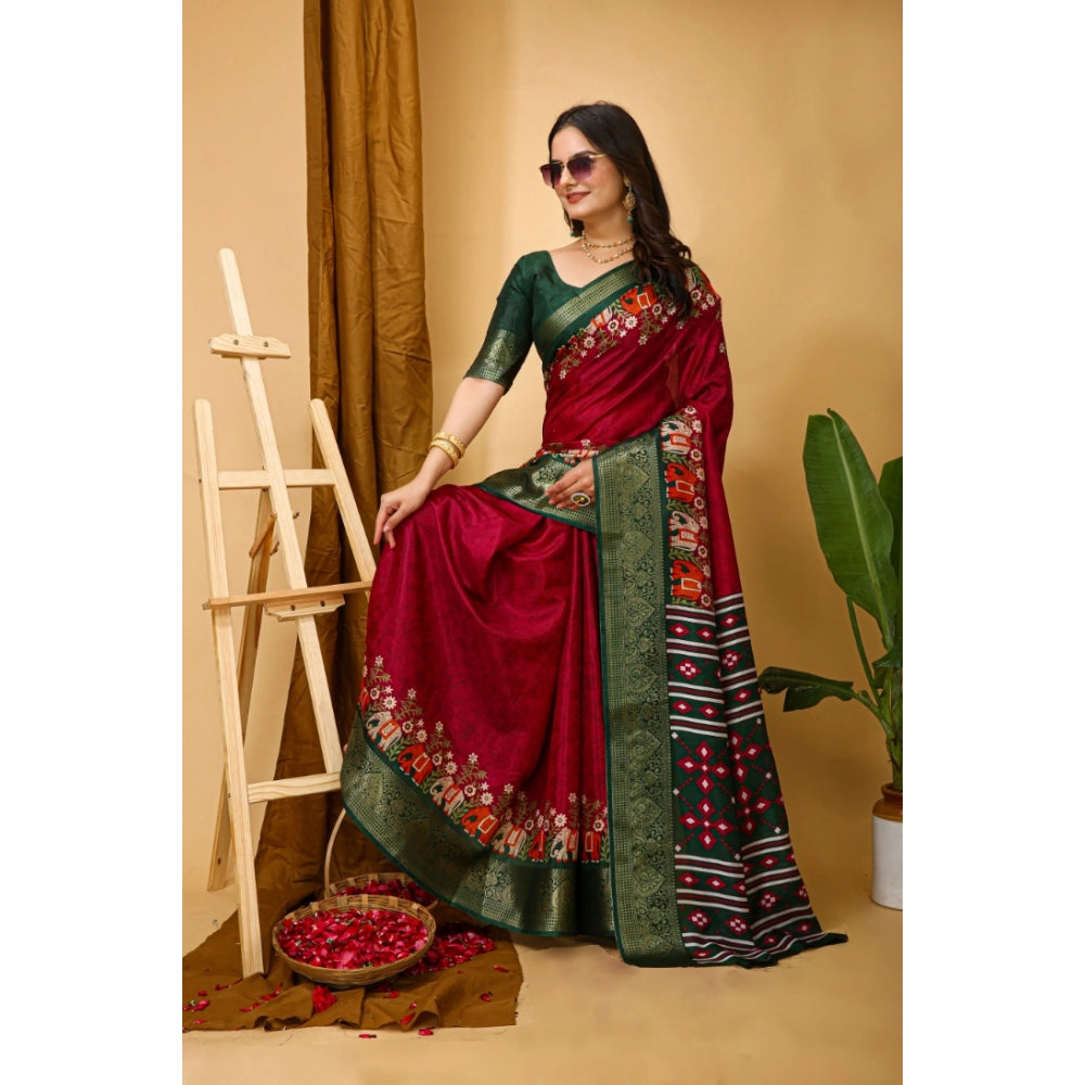 Snuggle Spot Women's Soft Dola Cotton Kalamkari Printed Saree With Unstitched Blouse 5.5Mtr (Red)