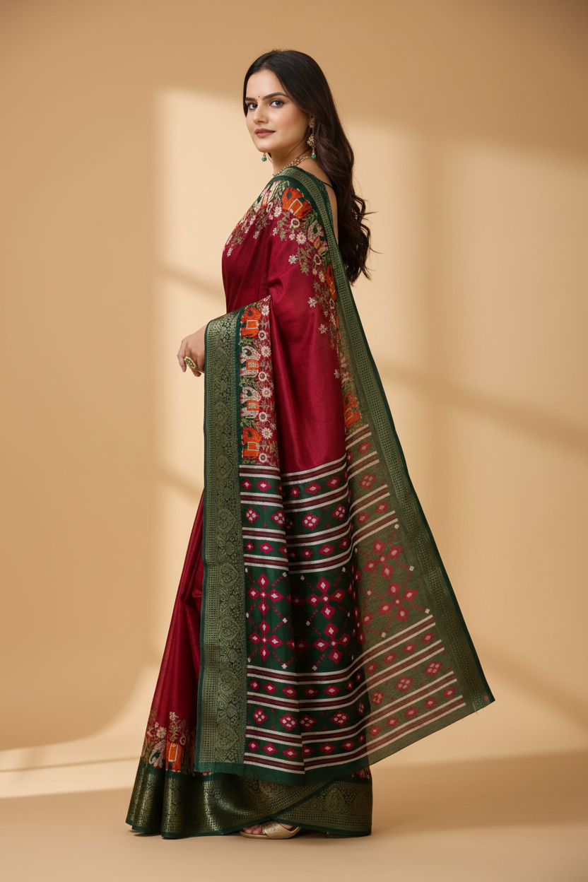 Snuggle Spot Women's Soft Dola Cotton Kalamkari Printed Saree With Unstitched Blouse 5.5Mtr (Red)