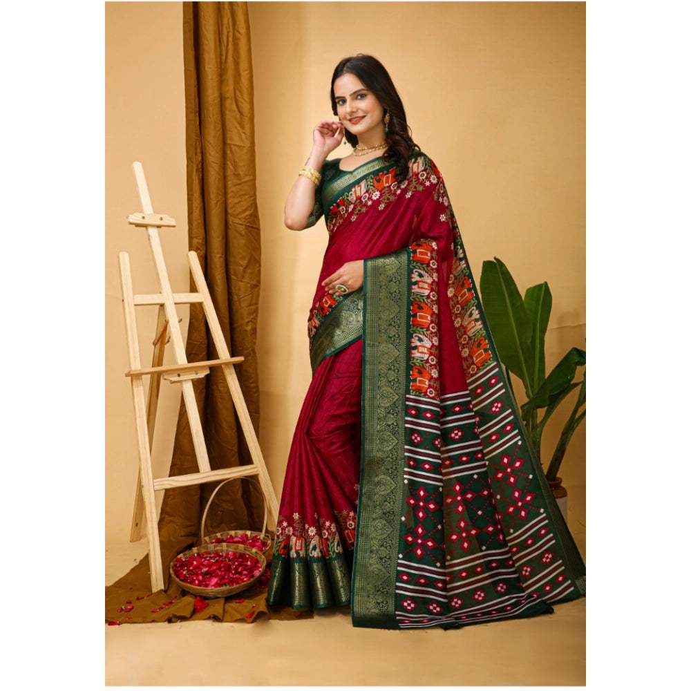 Snuggle Spot Women's Soft Dola Cotton Kalamkari Printed Saree With Unstitched Blouse 5.5Mtr (Red)