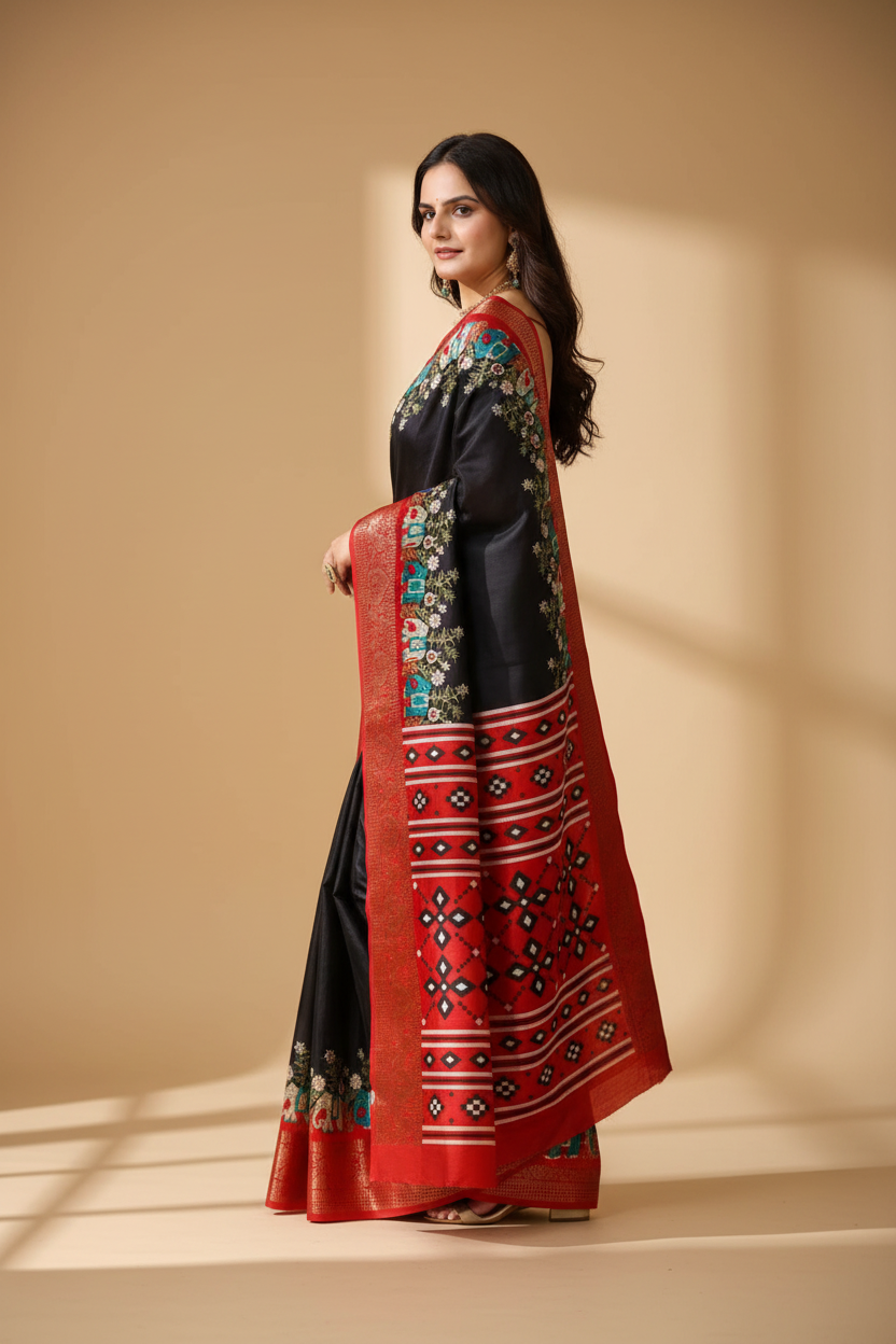 Snuggle Spot Women's Soft Dola Cotton Kalamkari Printed Saree With Unstitched Blouse 5.5Mtr (Black)