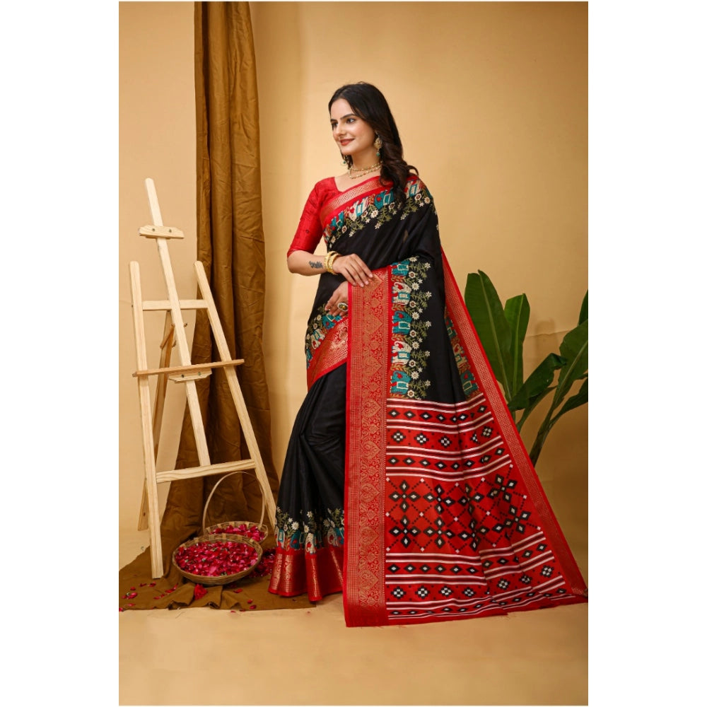 Snuggle Spot Women's Soft Dola Cotton Kalamkari Printed Saree With Unstitched Blouse 5.5Mtr (Black)