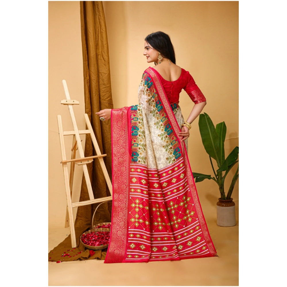Snuggle Spot Women's Soft Dola Cotton Kalamkari Printed Saree With Unstitched Blouse 5.5Mtr (White)