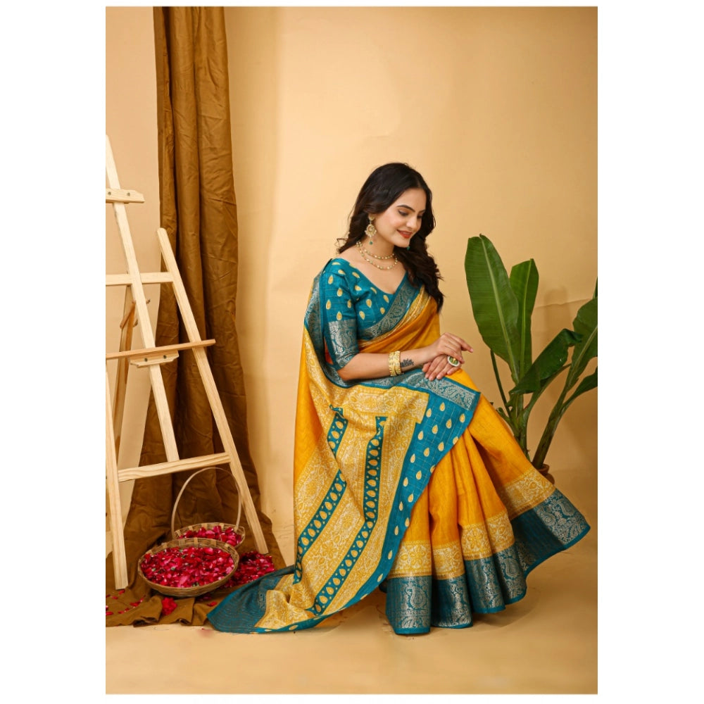 Snuggle Spot Women's Soft Dola Cotton Kalamkari Printed Saree With Unstitched Blouse 5.5Mtr (Yellow)