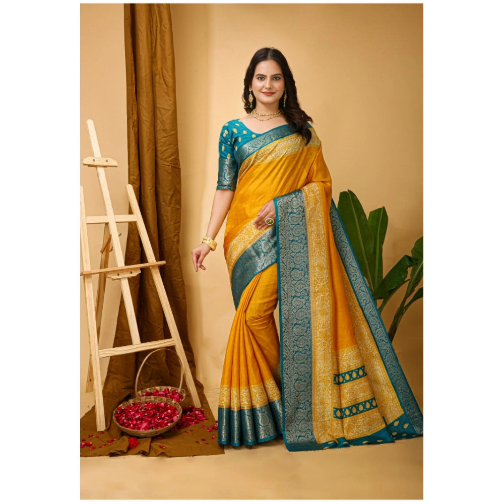 Snuggle Spot Women's Soft Dola Cotton Kalamkari Printed Saree With Unstitched Blouse 5.5Mtr (Yellow)