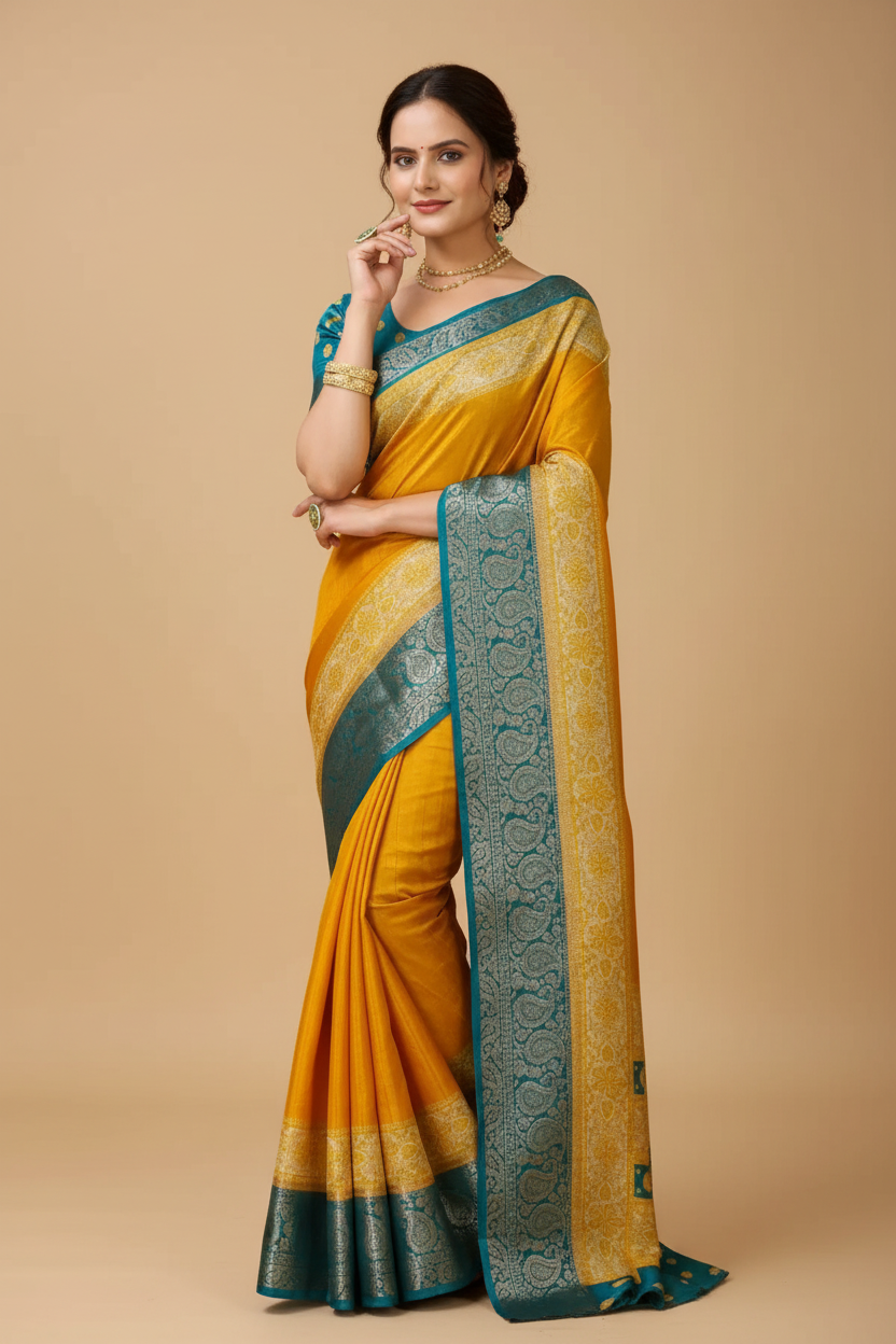 Snuggle Spot Women's Soft Dola Cotton Kalamkari Printed Saree With Unstitched Blouse 5.5Mtr (Yellow)