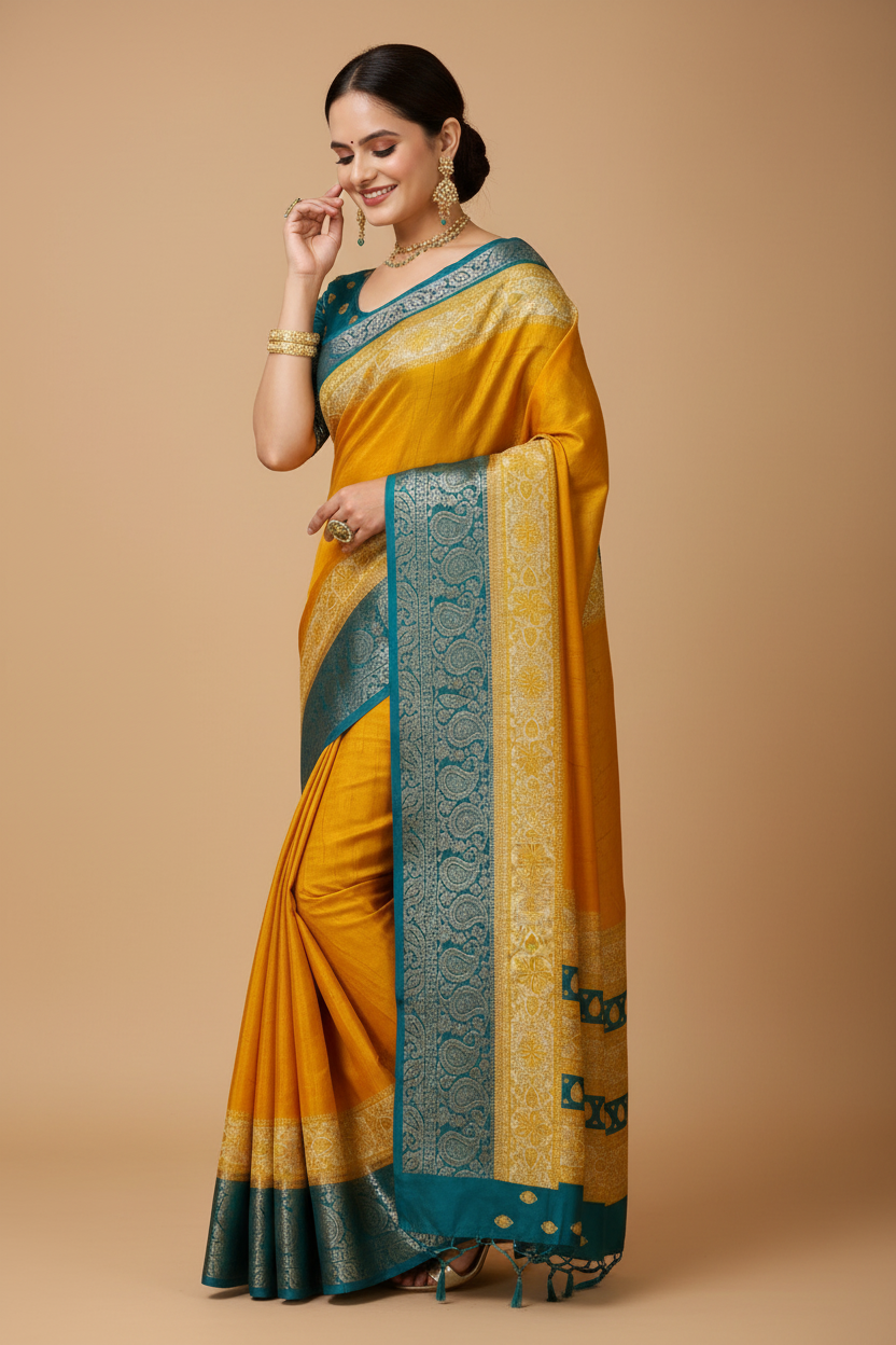 Snuggle Spot Women's Soft Dola Cotton Kalamkari Printed Saree With Unstitched Blouse 5.5Mtr (Yellow)