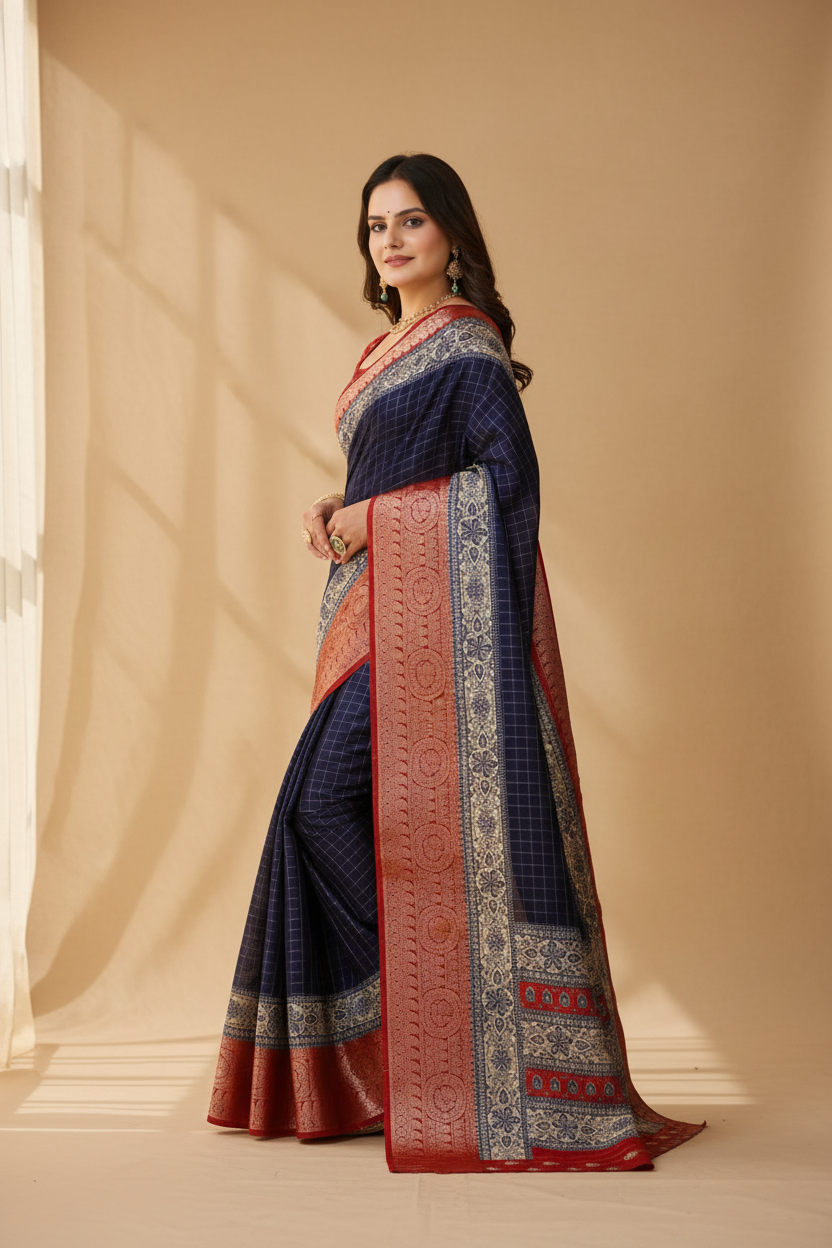 Snuggle Spot Women's Soft Dola Cotton Kalamkari Printed Saree With Unstitched Blouse 5.5Mtr (Navy Blue)