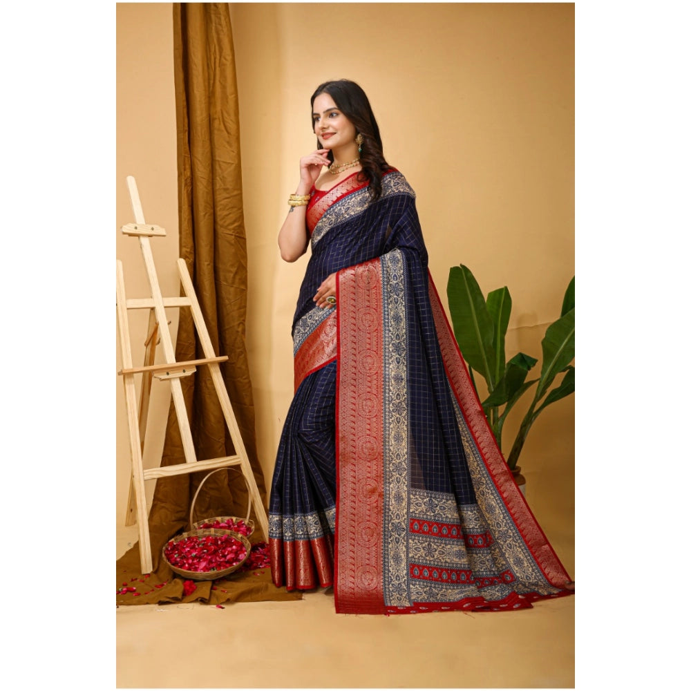 Snuggle Spot Women's Soft Dola Cotton Kalamkari Printed Saree With Unstitched Blouse 5.5Mtr (Navy Blue)