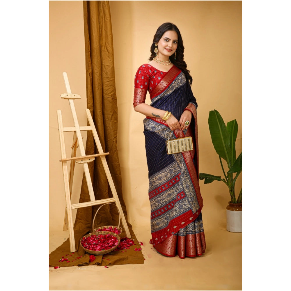 Snuggle Spot Women's Soft Dola Cotton Kalamkari Printed Saree With Unstitched Blouse 5.5Mtr (Navy Blue)