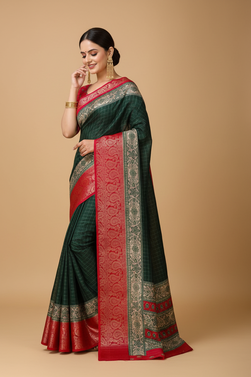 Snuggle Spot Women's Soft Dola Cotton Kalamkari Printed Saree With Unstitched Blouse 5.5Mtr (B.Green)