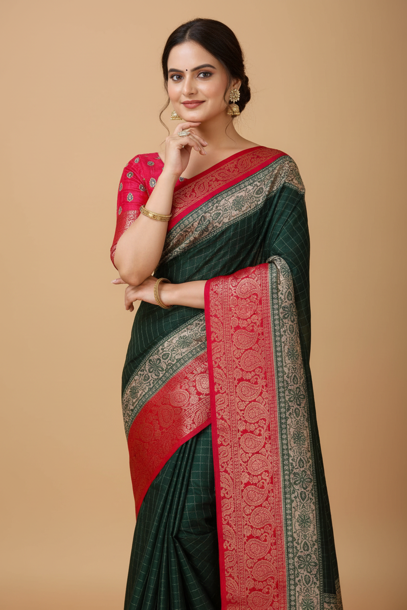 Snuggle Spot Women's Soft Dola Cotton Kalamkari Printed Saree With Unstitched Blouse 5.5Mtr (B.Green)