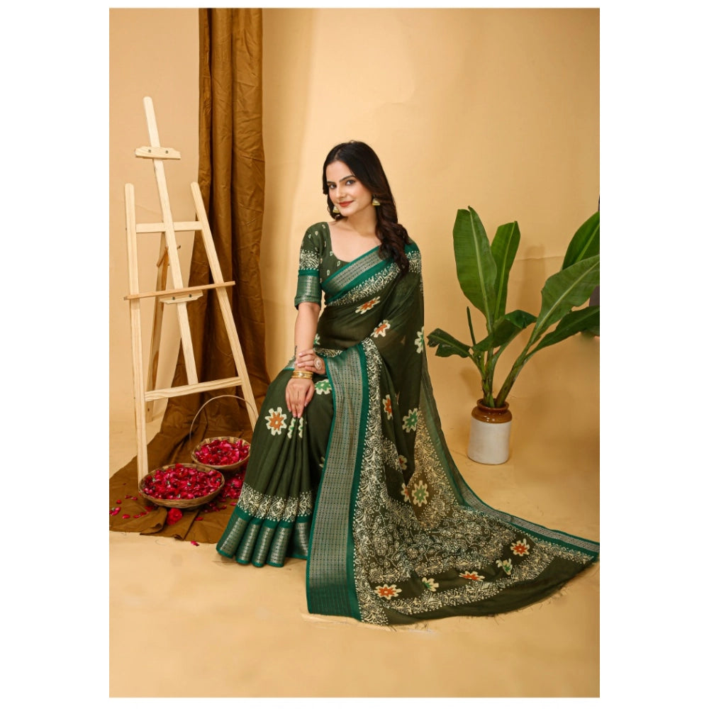Snuggle Spot Women's Soft Blooming Marshmallow Fabric Kalamkari Printed Saree With Unstitched Blouse 5.5Mtr (Green)