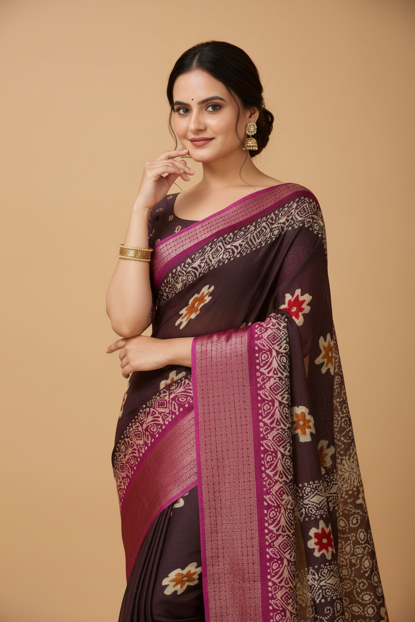 Snuggle Spot Women's Soft Blooming Marshmallow Fabric Kalamkari Printed Saree With Unstitched Blouse 5.5Mtr (Maroon)