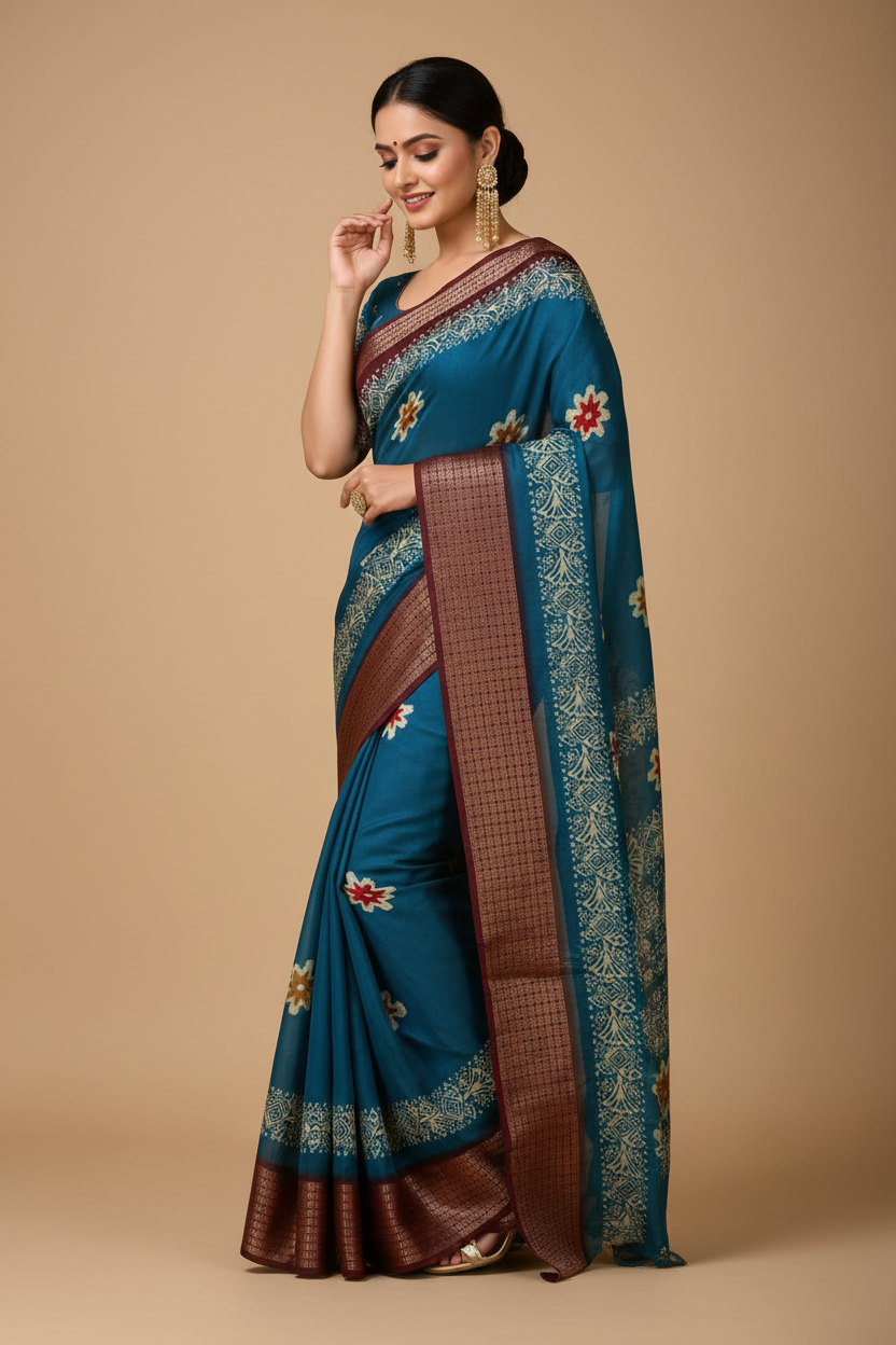 Snuggle Spot Women's Soft Blooming Marshmallow Fabric Kalamkari Printed Saree With Unstitched Blouse 5.5Mtr (Blue)