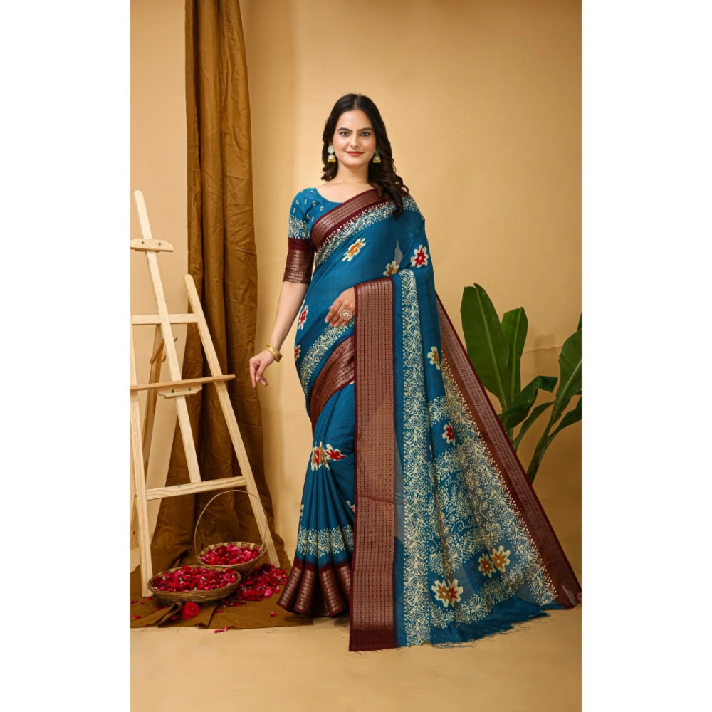 Snuggle Spot Women's Soft Blooming Marshmallow Fabric Kalamkari Printed Saree With Unstitched Blouse 5.5Mtr (Blue)