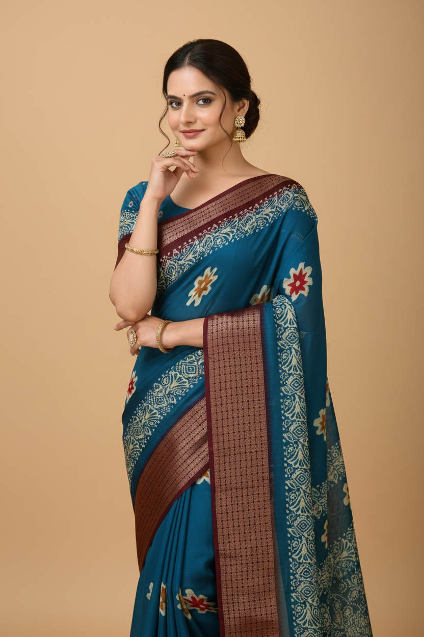 Snuggle Spot Women's Soft Blooming Marshmallow Fabric Kalamkari Printed Saree With Unstitched Blouse 5.5Mtr (Blue)