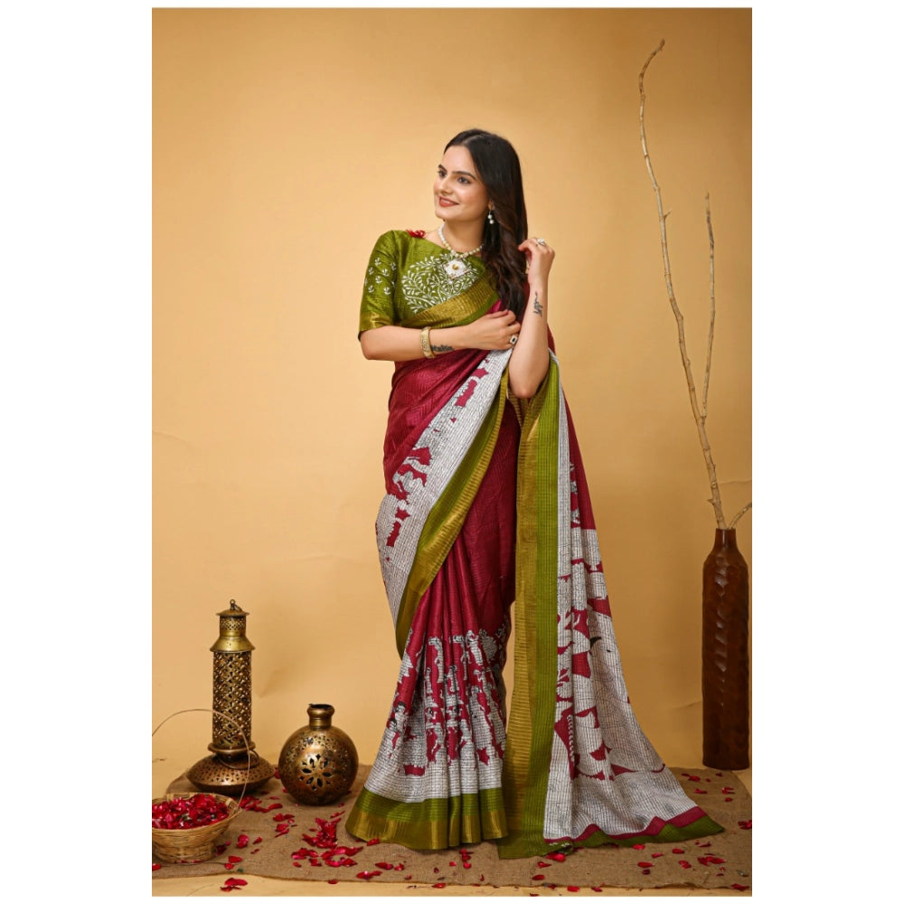 Snuggle Spot Women's Soft Handloom Cotton Kalamkari Printed Saree With Unstitched Blouse 5.5Mtr (Maroon)