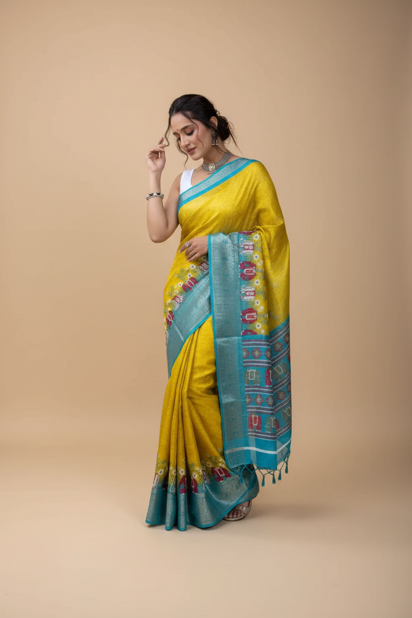 Snuggle Spot Women's Soft Dola Cotton Kalamkari Printed Saree With Unstitched Blouse 5.5Mtr (Mustard)