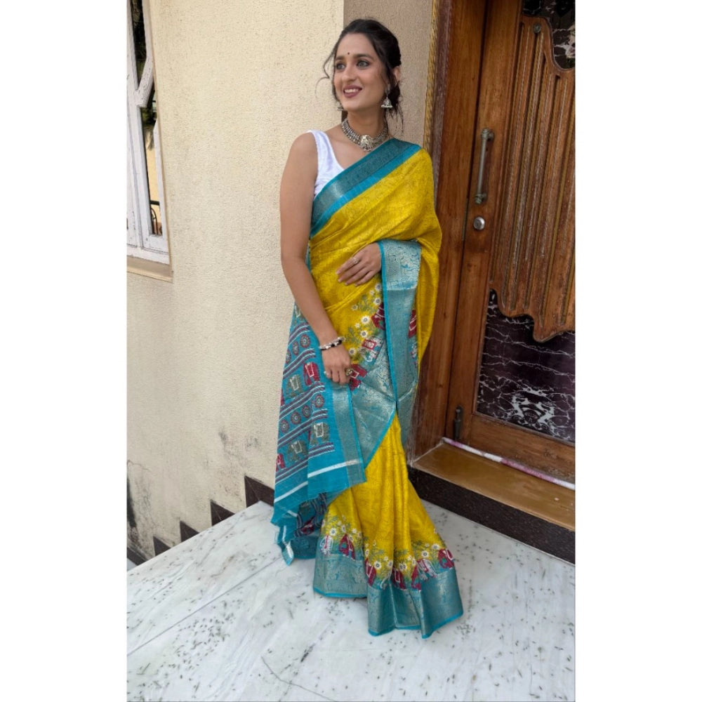 Snuggle Spot Women's Soft Dola Cotton Kalamkari Printed Saree With Unstitched Blouse 5.5Mtr (Mustard)