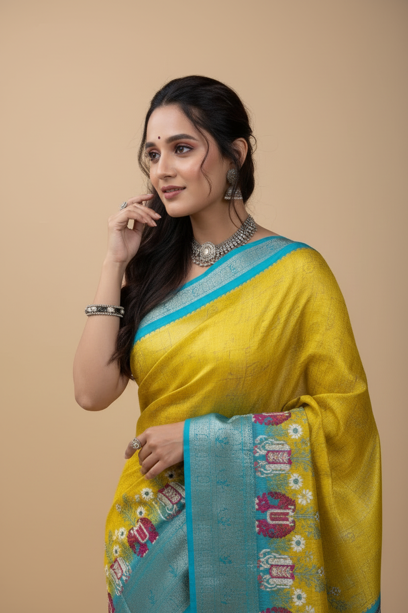 Snuggle Spot Women's Soft Dola Cotton Kalamkari Printed Saree With Unstitched Blouse 5.5Mtr (Mustard)