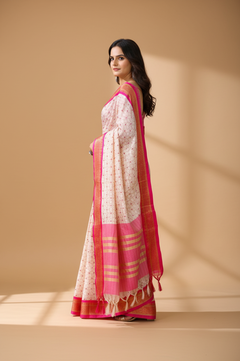 Snuggle Spot Women's Soft Cotton Silk Printed Saree With Unstitched Blouse 5.5Mtr (Pink)