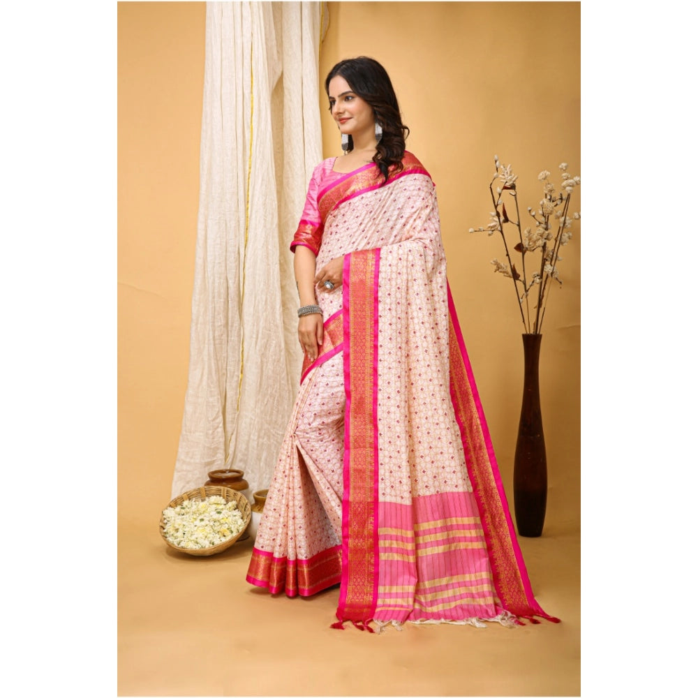 Snuggle Spot Women's Soft Cotton Silk Printed Saree With Unstitched Blouse 5.5Mtr (Pink)