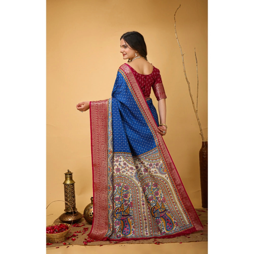 Snuggle Spot Women's Soft Dola Cotton Kalamkari Printed Saree With Unstitched Blouse 5.5Mtr (Blue)