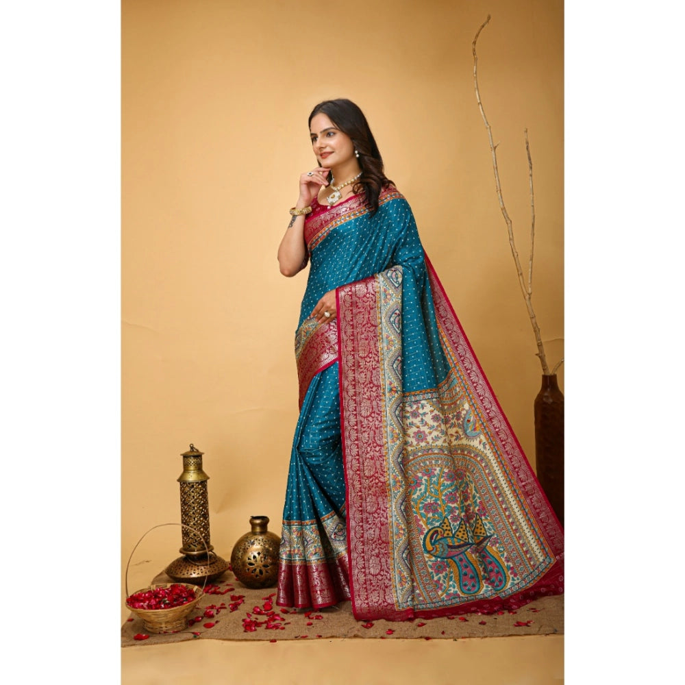 Snuggle Spot Women's Soft Dola Cotton Kalamkari Printed Saree With Unstitched Blouse 5.5Mtr (Sky Blue)